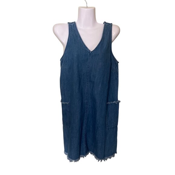 Old Navy M Petite Blue Denim Sleeveless V-Neck Frayed Hem Dress W/ Pockets - Picture 1 of 9